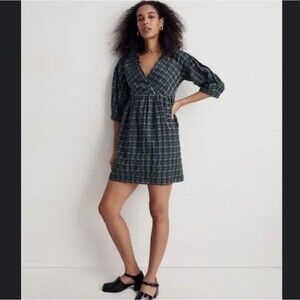 Madewell Marianna Puff Sleeve Forest Green  Gingham Plaid Mini Dress Size Small